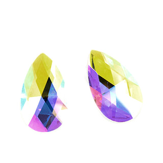 AB pear stud earrings with faceted crystal and iridescent Aurora Borealis coating