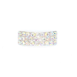 Close-up of rectangular AB diamante buckle for Irish dance shoes showing silver base and rainbow sparkle
