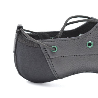 Close-up of Hullachan H5 woven fabric and pebbled leather junction on black shoe