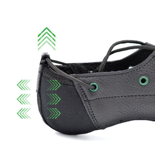 Hullachan H5 heel hug design showing fabric panel and support zones on black pump