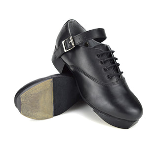 Stacked black jig shoes displaying sole with wooden toe tap and rubber heel