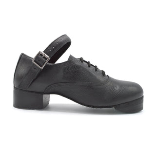 Side view of black Antonio Pacelli jig shoe with block heel and instep strap