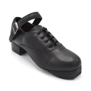 Single black pebbled leather jig shoe with metal eyelets and buckle