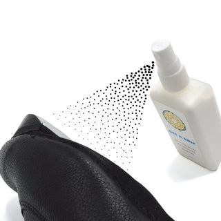 Get A Grip spray mist applied to black leather dance shoe sole for traction