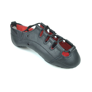 Front view of Hullachan Pro H3 medium width black leather dance shoe with red interior