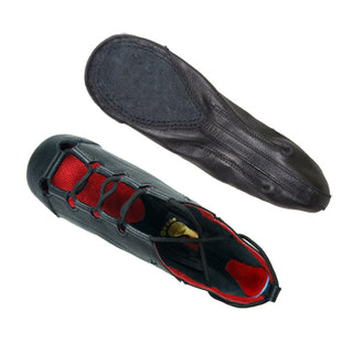Hullachan Pro H4 medium width black dance shoe top view with split suede sole and red lining