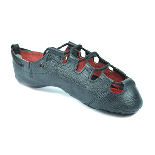 Black leather Hullachan Pro H4 dance shoe side profile with elastic arch support and rivet detail