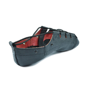 Rear view of black Hullachan Pro H4 dance shoe highlighting heel counter, stitching, and red interior