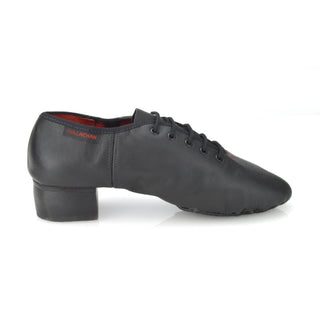 Black Hullachan boys reel shoe with red lining and brand label at heel collar