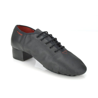 Front view of black Hullachan boys reel shoe with red interior and orange toe stitch