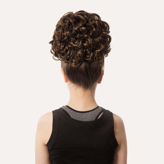 Rear view of brown loose curl bun wig shape