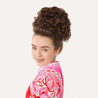 Side view of brown loose curl bun wig with rhinestone outfit