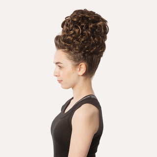 Side profile showing height of brown loose curl bun wig