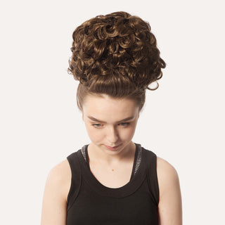 Brown loose curl bun wig with full rounded bun detail