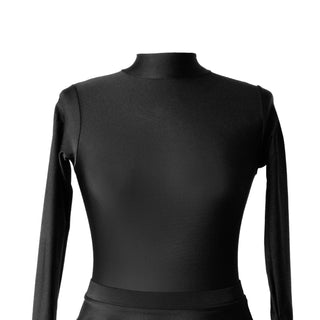 Black long sleeve leotard with keyhole back and turtle neck for dance competition