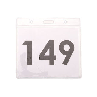 Glossy clear dance competition bib holder displaying number 149 for stage visibility