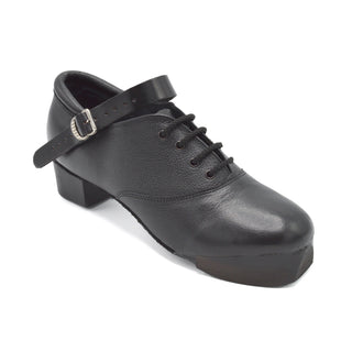 Front view of black leather Rutherford Flexi GOLD hard shoe with block heel and laces