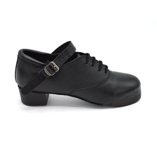 Black Rutherford Flexi GOLD jig shoe side view with padded collar and block heel