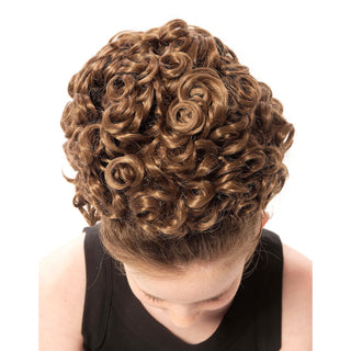 Top-down view of dense brown tighter curl double bun wig structure