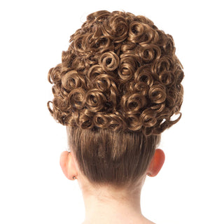 Back view of voluminous brown spiral curl double bun wig texture
