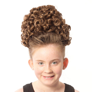 Front view of Shelly brown tighter curl double bun wig on young dancer model