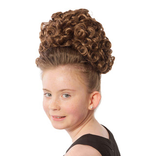 Three-quarter view of Shelly brown spiral curl double bun dance wig