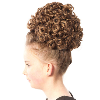 Side profile of high height brown tighter curl double bun wig silhouette