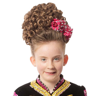 Brown traditional tighter curl double bun wig with pink floral rhinestone accessory for dancers