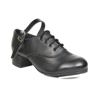 Front three-quarter view of black pebbled leather Capezio Irish dance tap shoe with ankle strap