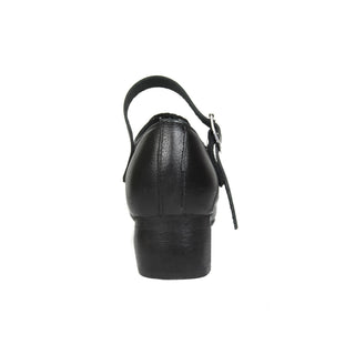 Rear view of black leather Capezio Irish dance show shoe highlighting block heel and stitching