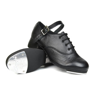 Black leather Capezio Irish dance show shoe with half rubber sole and metal tap plates