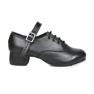 Side view of black leather Capezio Tip Concorde Lite heel Irish dance shoe with block heel