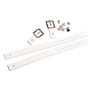 White jig shoe strap replacement kit with buckles and rivets for Irish dance shoes